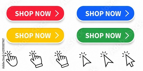 Colorful shop now buttons with click hand cursor icons