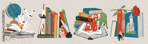 Stack of books, book pile set. Bookstore, library, cozy, leisure reading concept. Detective, adventure, horror, fantasy, mystery, thriller, romance literature. Hand drawn trendy Vector illustration