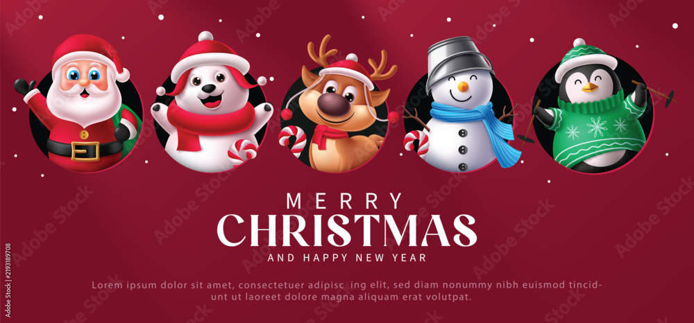 Fototapeta premium Merry Christmas and Happy New Year Red Background with Cute Characters Group
