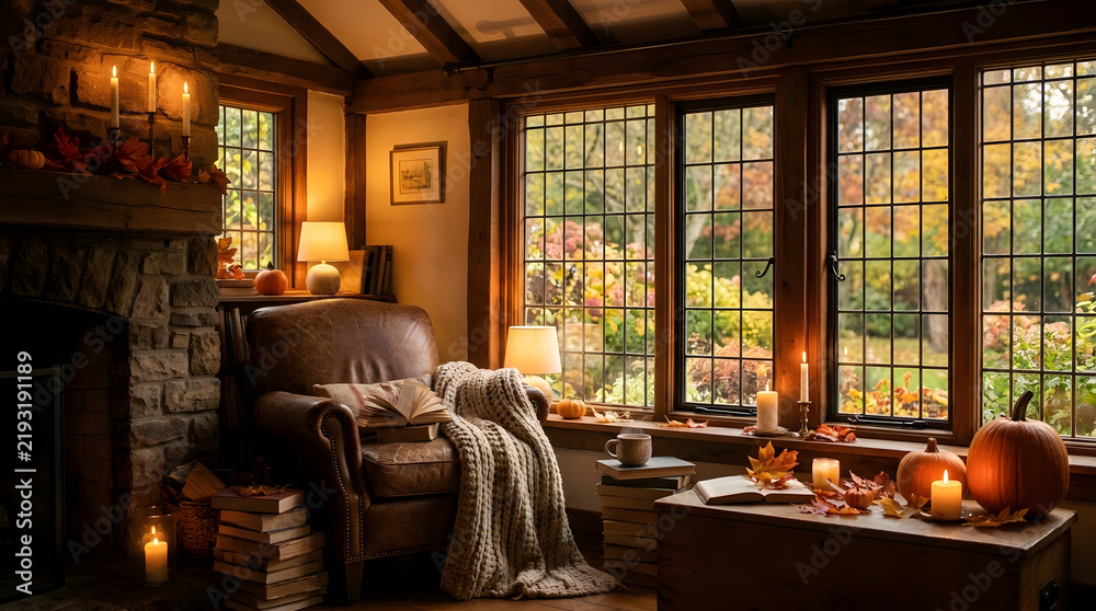 Obraz premium Cozy armchair in rustic room with autumn forest window view