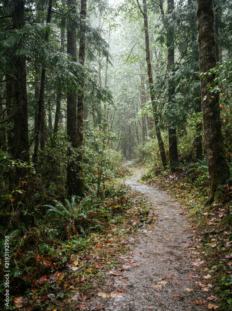 Fototapeta premium Dirt path covered in brown leaves winding through a coniferous pine forest
