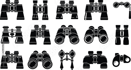 Bild auf Leinwand Detailed black and white vector icon collection of various optical binoculars fo