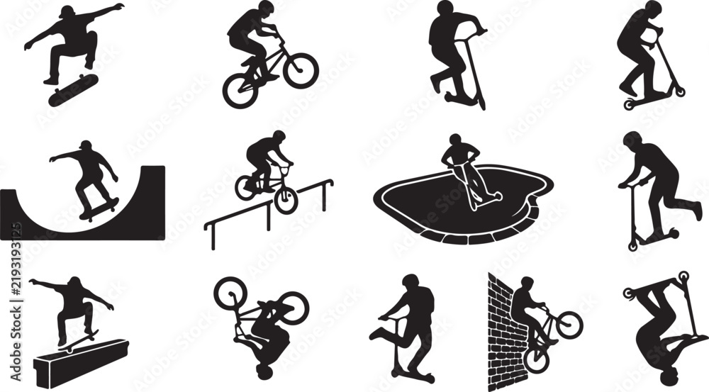 Obraz premium Collection of black silhouettes featuring people performing extreme sports like skateboarding, bmx biking, and scooter tricks on ramps