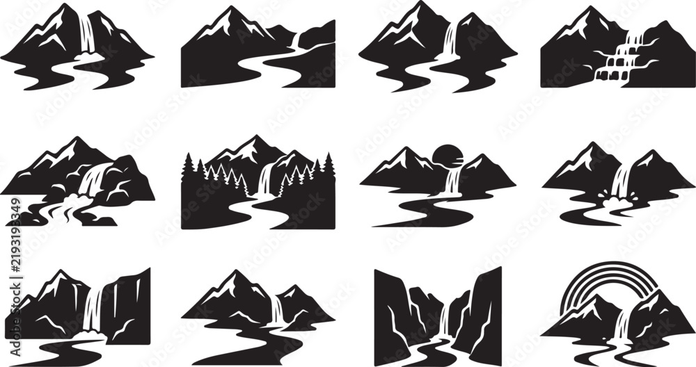 Fototapeta premium Collection of twelve black and white showing mountain landscapes with waterfalls, winding rivers, forests, and rainbows