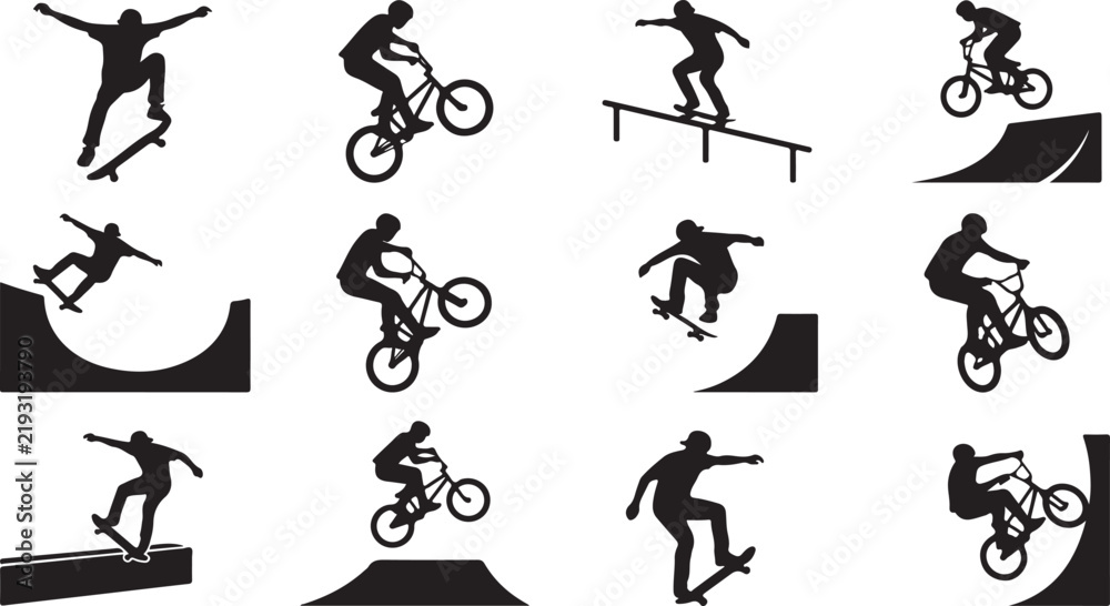 Obraz premium Set of black silhouette showing people performing extreme sports like skateboarding, bmx biking, and scooter tricks on ramps and rails
