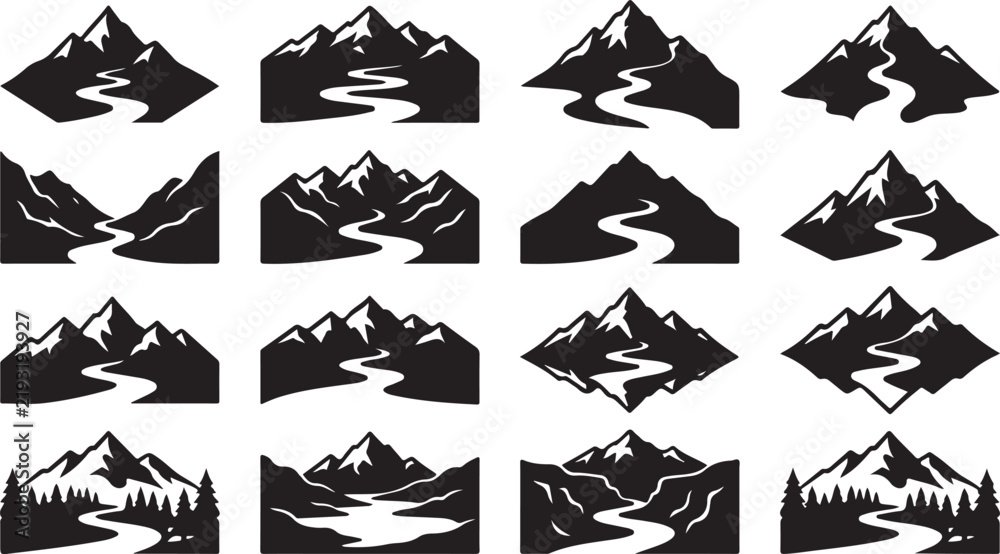 Fototapeta premium Set of twelve black and white depicting mountain landscapes with winding rivers, forests, and various rocky terrain shapes