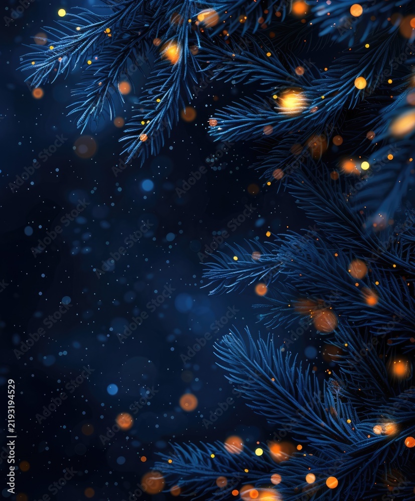 Obraz premium dark blue christmas frame background with fir tree branches and gold glowing lights