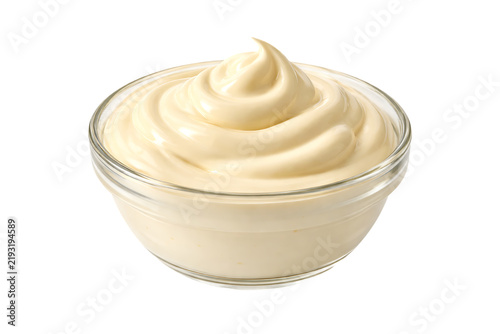 Creamy White Mayonnaise Swirl in a Small Glass Bowl Isolated on a Transparent Background