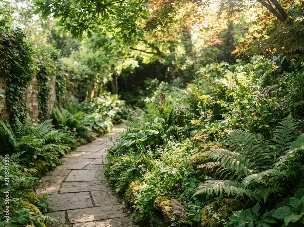 Naklejka premium Stone pathway winding through lush walled garden with ferns moss and dappled sunlight