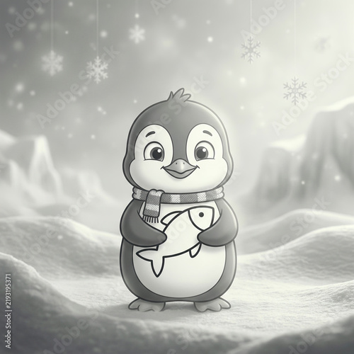 Greyscale cartoon penguin in a knitted scarf holding a fish in the snow