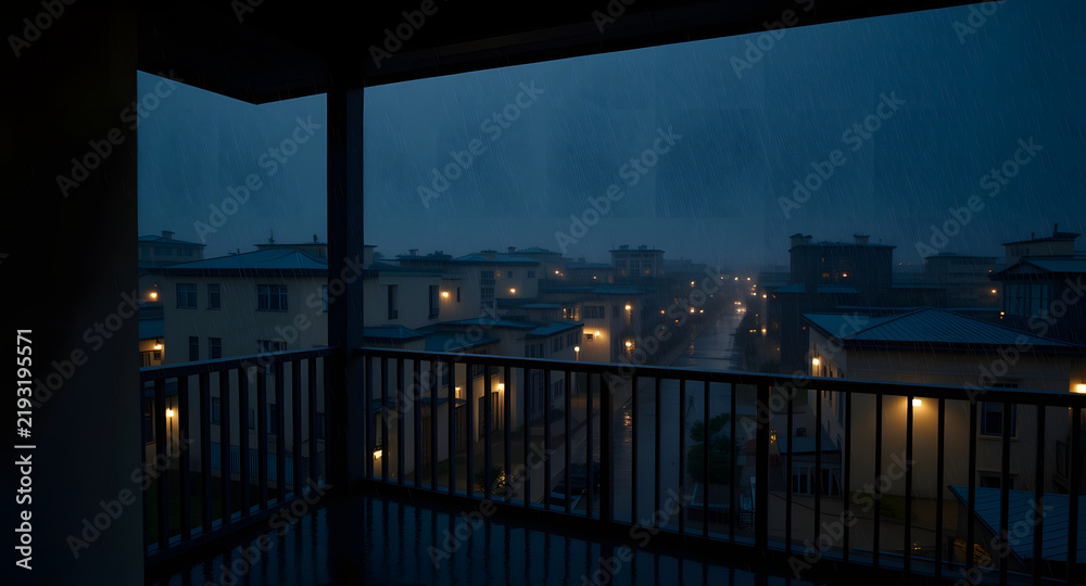 Obraz premium A cozy apartment balcony overlooking a moody urban neighborhood during a dark rainy evening.