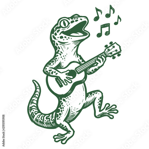 Gecko lizard playing ukulele and singing with musical notes sketch