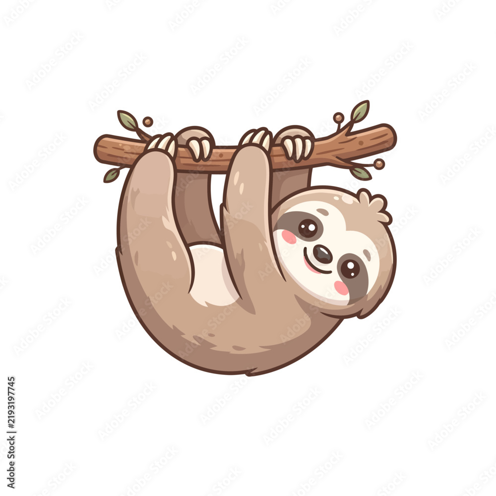 Fototapeta premium Sloth cartoon character with a sweet expression, gently hanging upside down from a tree branch with green leaves, embodying calmness and relaxation.
