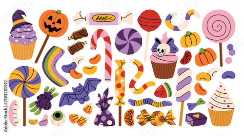 Cute Halloween sweets and candy illustrations set of cupcakes, lollipops, candy canes, chocolates, fruit jelly, marmalade, marshmallows, caramel, chewing gums, bat and spider treats, festive desserts.