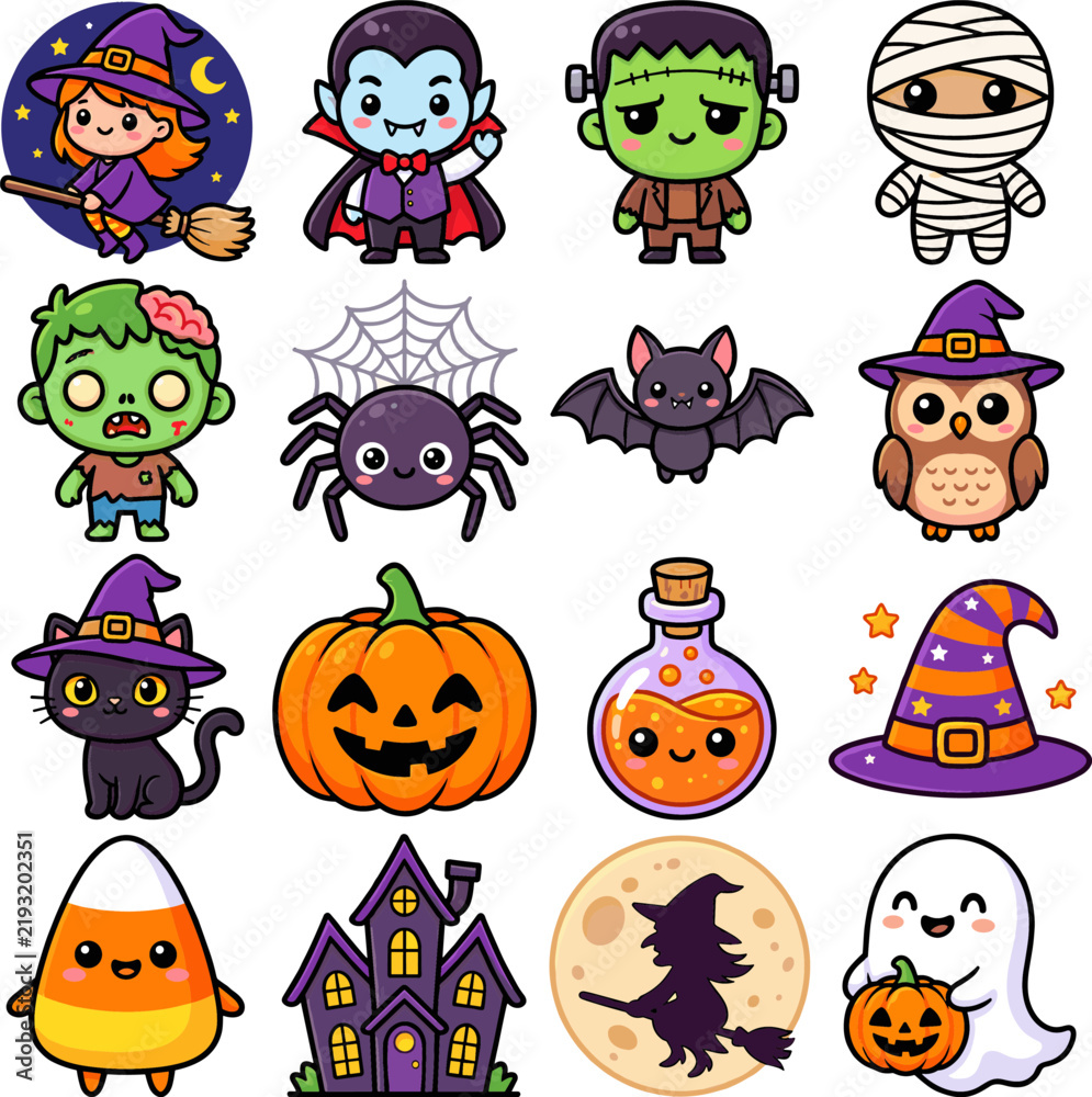 Obraz premium Halloween EPS, Cute Spooky Character Collection With Witch, Vampire, Ghost And Pumpkin, Halloween Vector Bundle