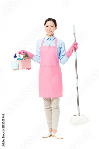 Smiling Female Cleaner Holding Mop and Cleaning Supplies