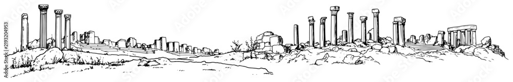 Obraz premium Archaeological landscape with ancient temple ruins and pillars in hand drawn sketch style
