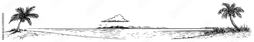 Obraz premium Tropical beach landscape with palm trees and ocean horizon in hand drawn doodle style