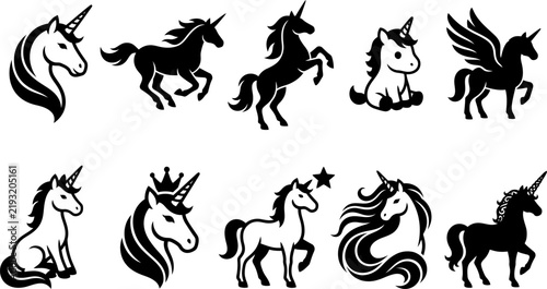 Magical unicorn silhouette and portrait vector icon set