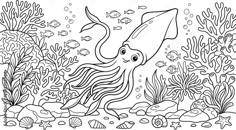 Obraz premium An enchanting underwater scene featuring a playful octopus and various marine life perfect for creative coloring