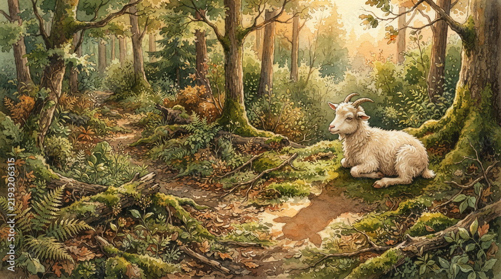 Fototapeta premium White goat sitting on moss beside a winding path in a dense green forest
