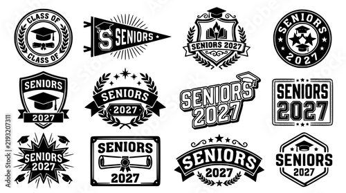 Senior Class Badges Set, 2027 Graduation Design, Vintage Crests and Emblems