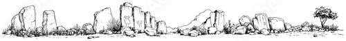 Megalithic standing stones and rock formations panoramic landscape in hand drawn ink sketch style