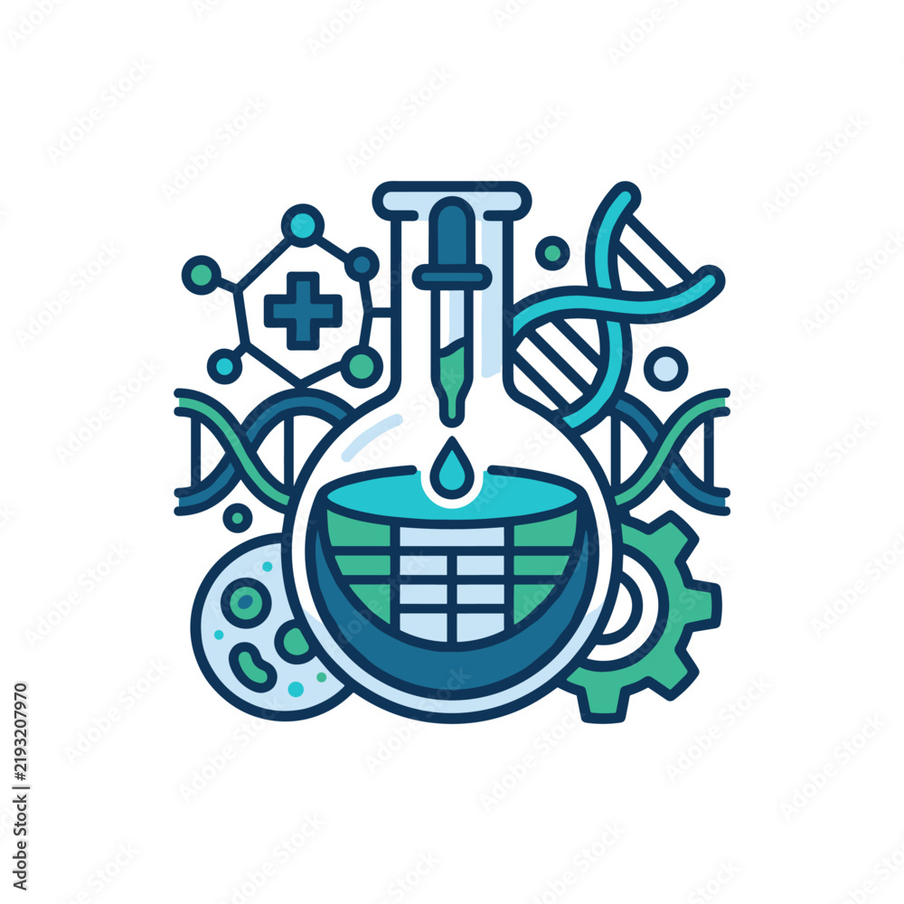 Fototapeta premium Laboratory science research concept with glass flask and chemistry symbols