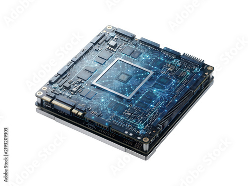 High performance computer motherboard circuit board with glowing digital connectivity isolated on transparent background for tech