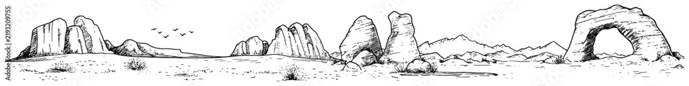 Obraz premium Rock formations and natural stone arch in desert landscape panorama in hand drawn ink sketch style