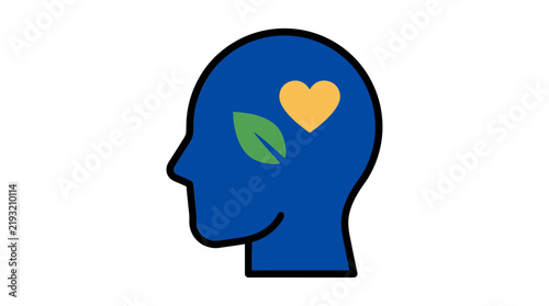 Obraz na plátne Blue human head silhouette icon with a green leaf and yellow heart inside