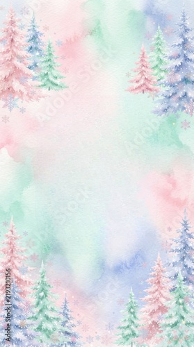 Pastel Watercolor Christmas Trees Background Frame Template
