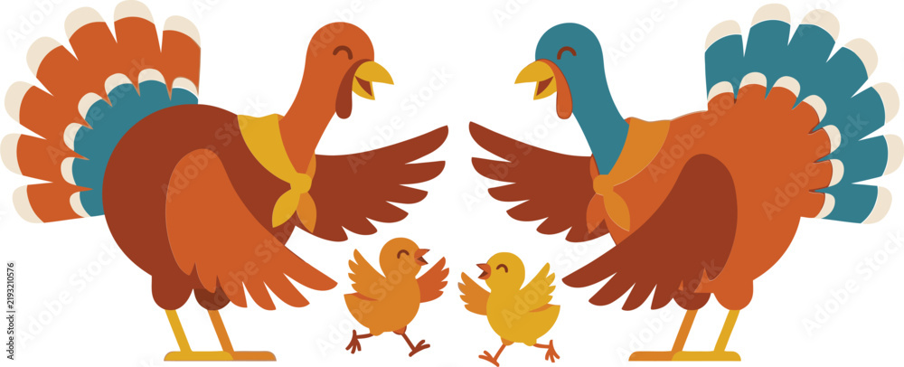Obraz premium Flat Thanksgiving turkey family vector illustration, cute autumn bird characters with chicks, festive harvest season poultry graphics for holiday cards