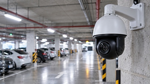 CCTV security camera monitoring vehicles in an underground parking garage, representing surveillance, vehicle protection, crime prevention and property security.