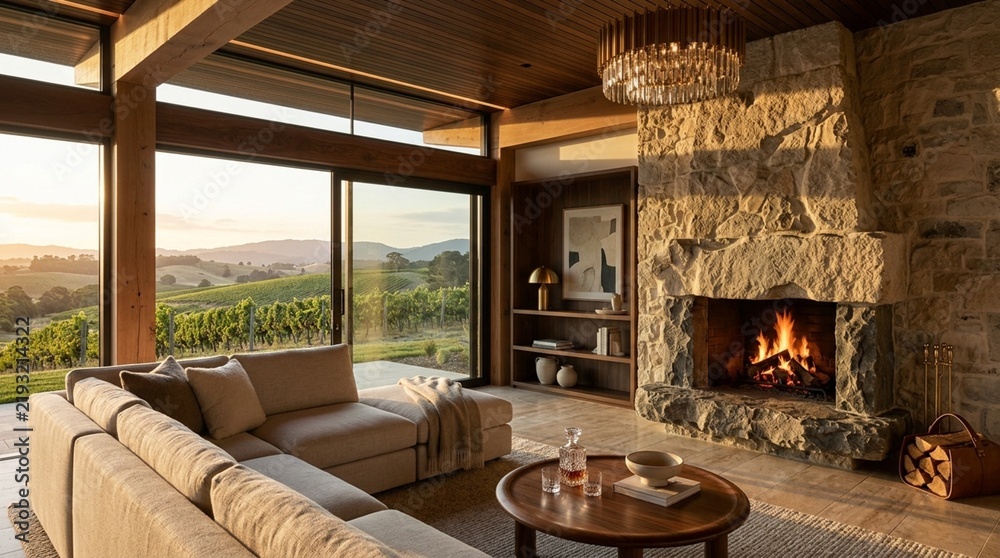 Obraz premium Cozy living room with fireplace and vineyard view at sunset