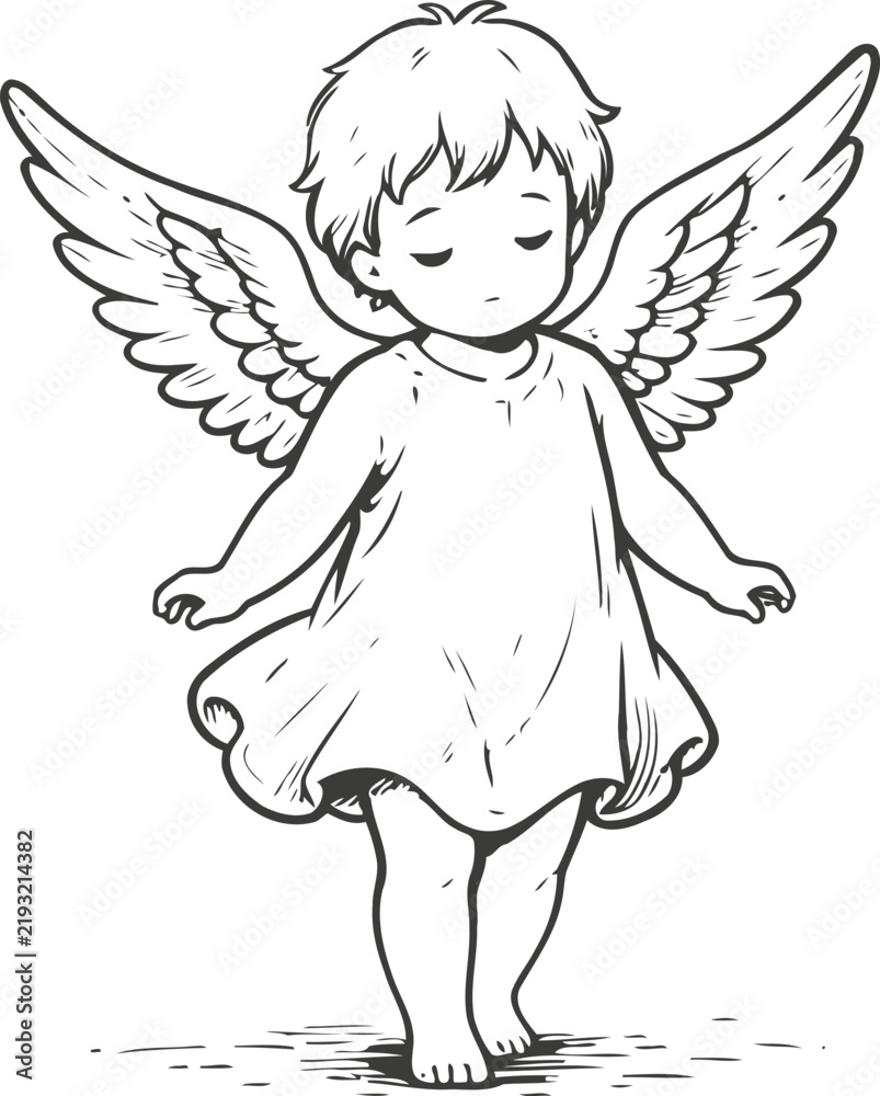 Fototapeta premium Peaceful angel child with wings and closed eyes floating gently on white background