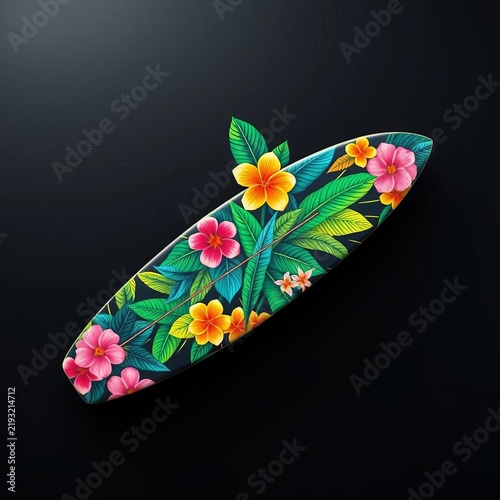 Vibrant surfboard with tropical floral design on black background, Coastal decor, Unique design