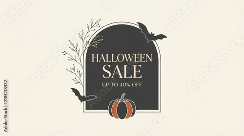 Elegant Halloween sale promotional banner with pumpkin bats and botanical decorative elements.
