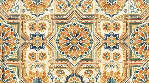 Seamless pattern with watercolor effect moroccan tiles design, traditional arabesque ornate for background or surface design.