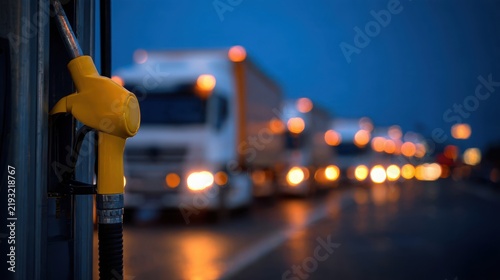 bright yellow diesel fuel nozzle in extreme foreground, long line of heavy trucks waiting at a fuel station stretching into the distance, cool dark