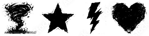 Grunge symbols set featuring tornado star lightning bolt and heart shapes in distressed stamp style