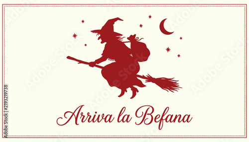 La befana silhouette flying on broom with gifts, stars, moon italian epiphany tradition