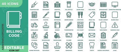 Set of 40 billing code flat line icons, including fountain pen, calculator, ambulance, id badge, notebook, stamp, microscope, binder, envelope, clipboard, syringe, receipt, tooth, xray