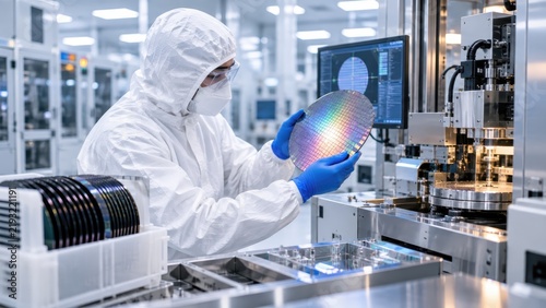 Scientist examining silicon wafer in clean room laboratory