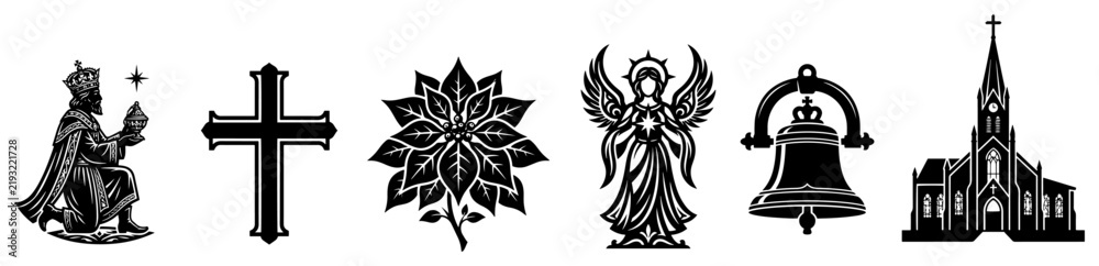 Fototapeta premium Christian Christmas symbols set with wise man angel cross and church in black silhouette style