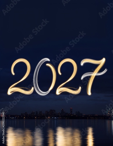 Illuminated 2027 new year celebration with glowing numbers and city skyline reflection