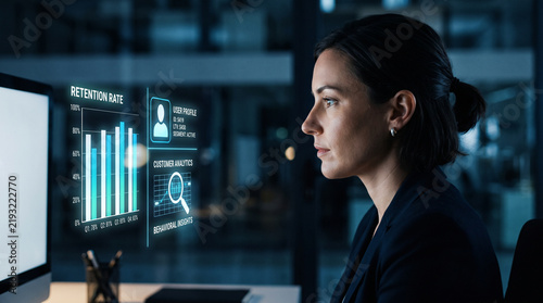 Professional Face Profile in Screen Light with Holographic Customer Analytics and Data Icons
