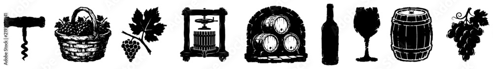 Obraz premium Winemaking and vineyard icons set with barrels grapes and wine bottle in silhouette style