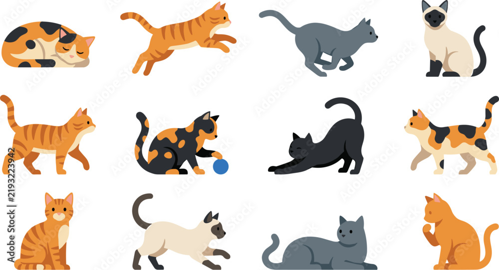 Obraz premium Cute cat vector illustration set with various breeds and poses for pet design projects