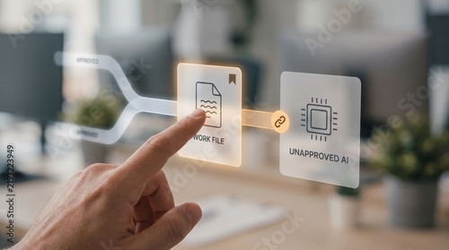 Shadow AI and Unapproved AI Tools - A hand stops a work file from entering unapproved AI, symbolizing the risk of leaking confidential business data outside authorized workflows.